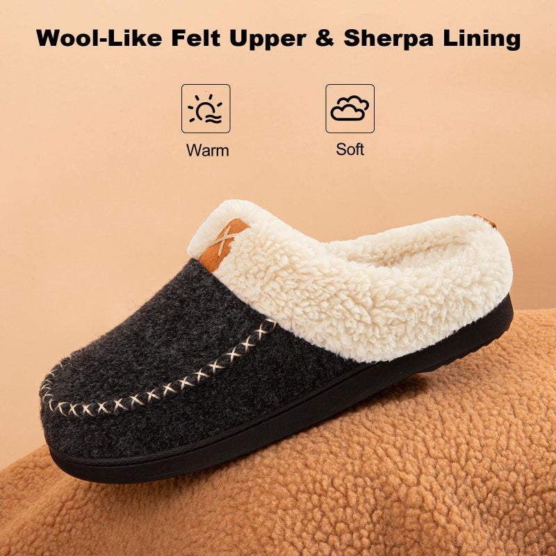 LongBay Womens Felt Sherpa Bedroom Slippers Warm Cozy Wool-Like Moccasin Slippers for Indoor Outdoor Winter Memory Foam House Shoes Slip-On with Fuzzy Plush Lining Black,7-8 - Image 3